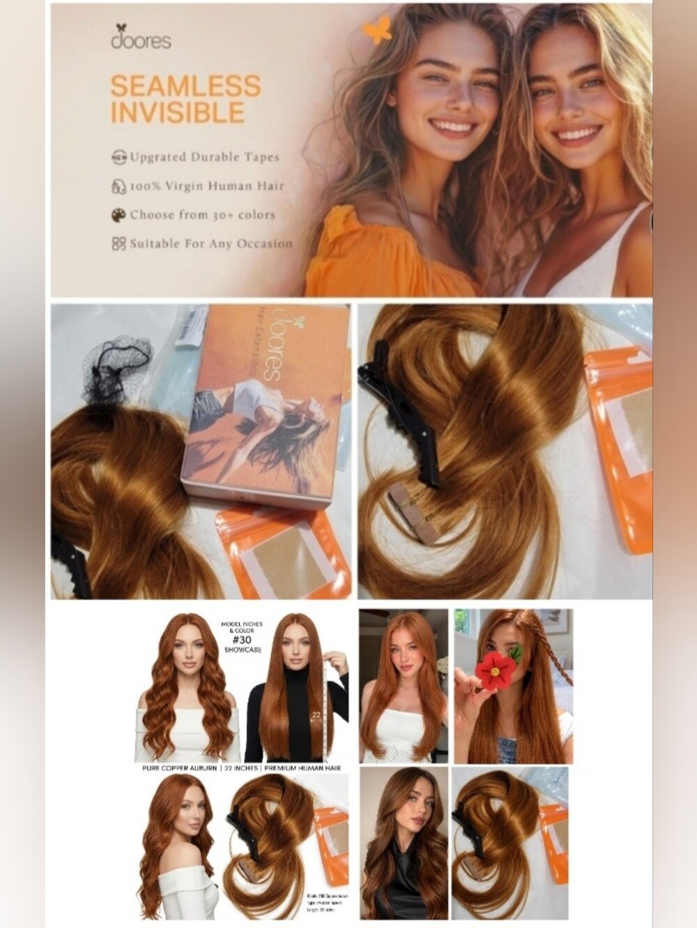 New Doores 20pc Hair Extensions Tape In Remy Human Hair #30 22 Inches Carrot Top